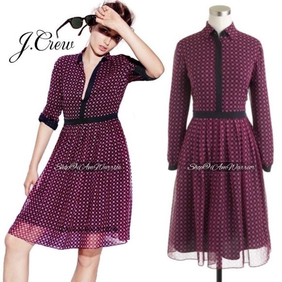 J.Crew silk chiffon navy & pink houndstooth shirt dress *shop@iamwarrior